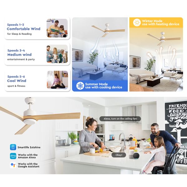 52 Inch Solid Wood Ceiling Fan – DC Motor 3 Blades 6-Speed Remote Control