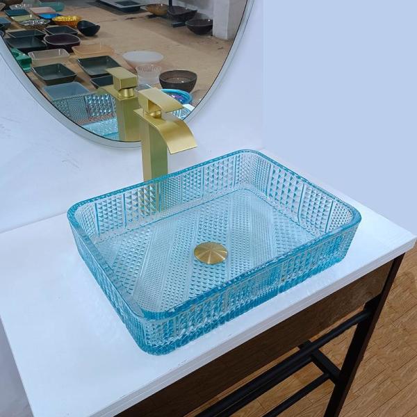 460mm Length Rectangular Vessel Sinks Glass Bathroom 330mm Width Water Blue