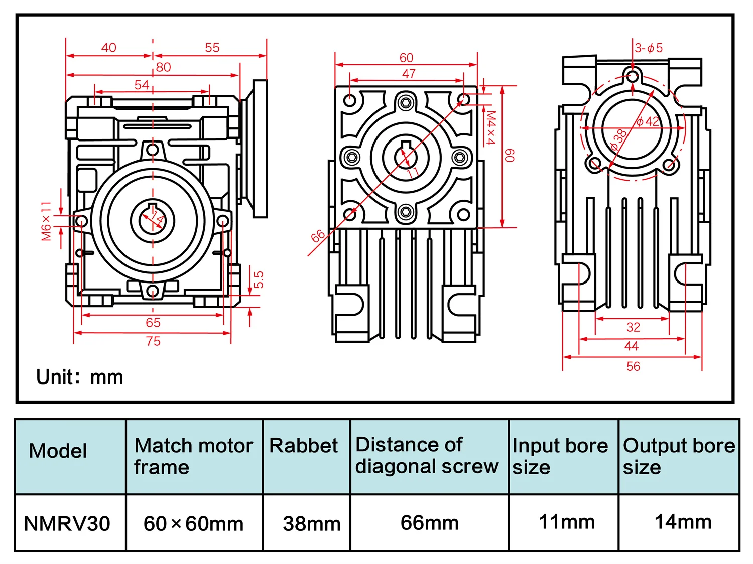 NMRV030 Worm Gear Reducer Input 11mm Output 14mm For Nema23 Stepper Motor