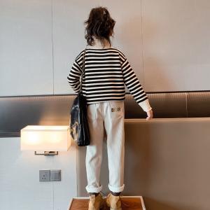 Striped High Collar Sweater And Trouser Set With Velvet Skin Friendly