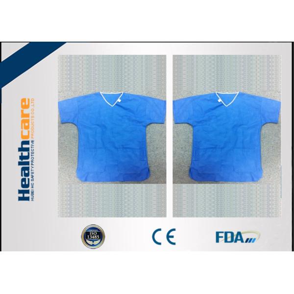 Sterile Spunlace Disposable Light Blue Hospital Scrubs With Round Neck