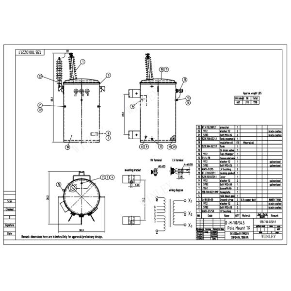 Pole Mounted Transformer Overhead Distribution Oil immersed Single Phase 100KVA 34500V Manufacturer