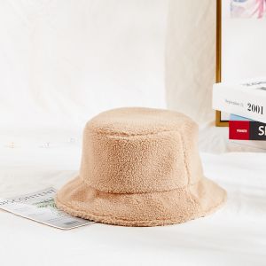 Plain Color Warm Furry Plush Fisherman Bucket Hat For Ladies