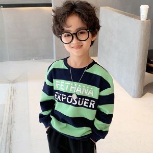 Green And Black Boys Striped Crewneck Sweater Letter Printed