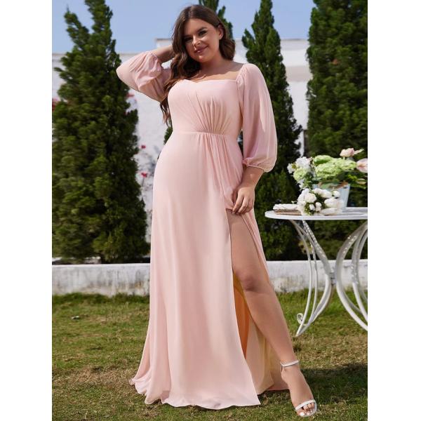 Plus Size Ruffled Sweetheart Neck Long-sleeved High Slit Pink Chiffon Off