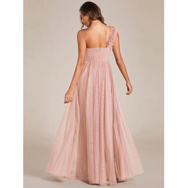 Elegant One-shoulder Sweetheart Ruffled A-line Zipper Pleated High Slit Tulle Pink Bridesmaid Dress