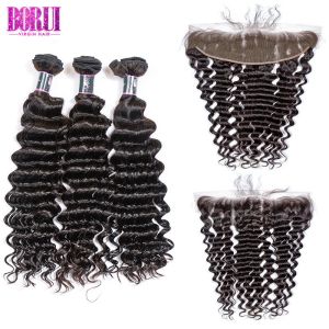 13*6 Virgin Baby Hair Deep Wave Human Hair Lace Frontal 3 Bundles With Closure
