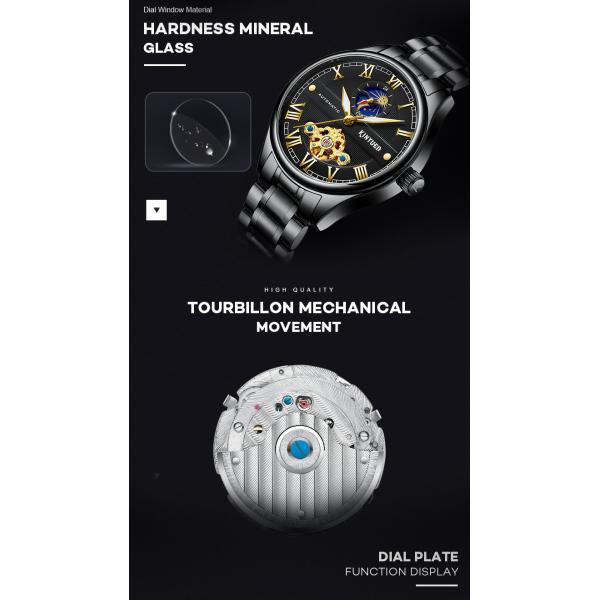 KINYUED luminous moon phase luxury black watch tourbillon automatic mechanical watch for men