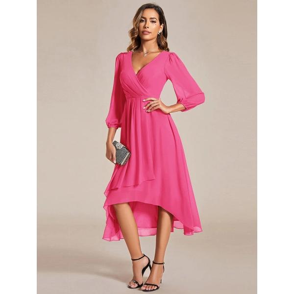 Elegant Empire Long Sleeve V-neck High Low A-line Ruffled Midi Hot Pink Chiffon Wedding Guest Party Dress
