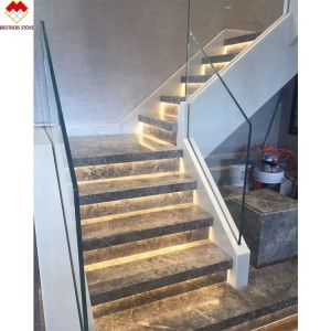 Customized White Marble Stair Step with Riser Designs Glass Railing in Spiral
