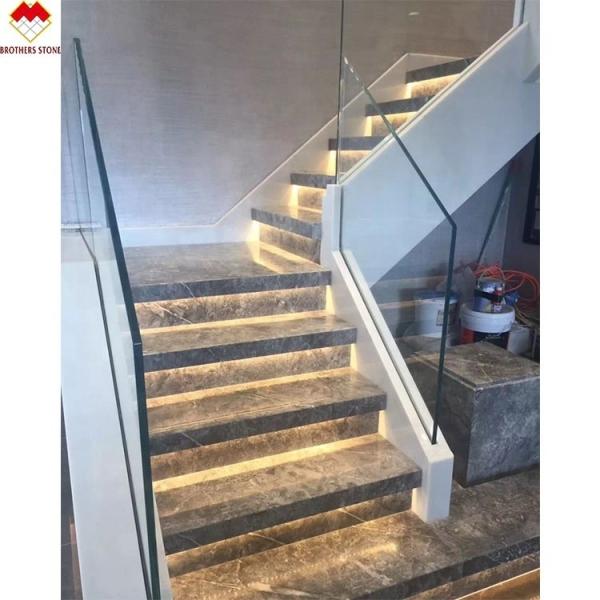 Customized White Marble Stair Step with Riser Designs Glass Railing in Spiral