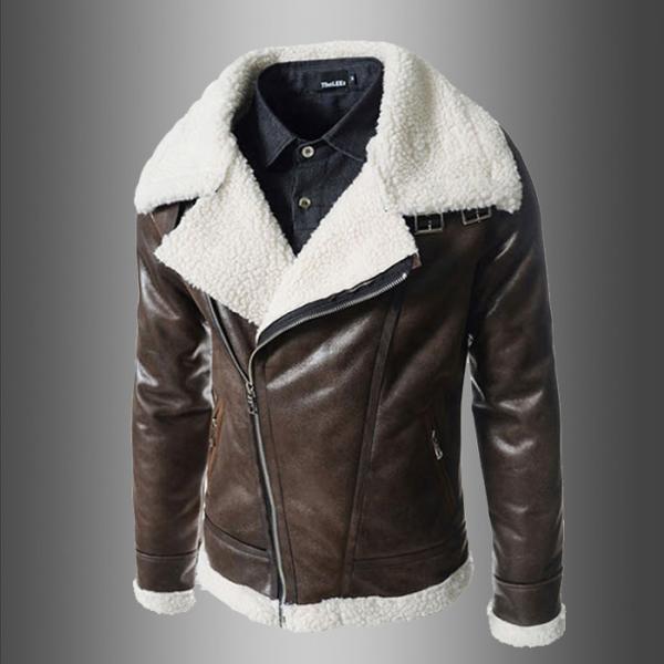 Fashion Winter Sheepskin Lined Leather Jacket , Mens Faux Leather Aviator Jacket