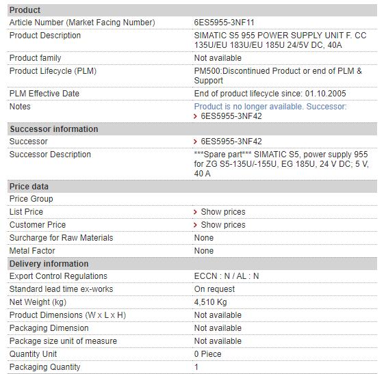 6ES5955-3NF11 6ES5 955-3NF11 Siemens Power Supply