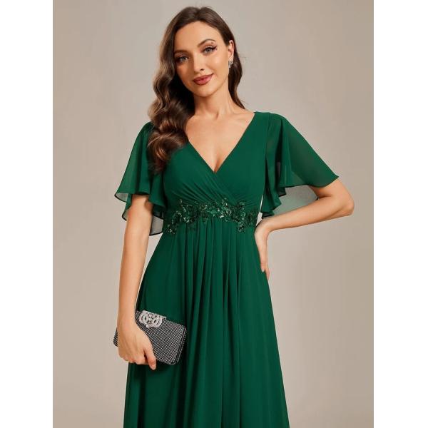 Sexy Empire Applique A-line Short Flutter Sleeves V-neck Invisible Zipper Dark Green Chiffon Evening Dress