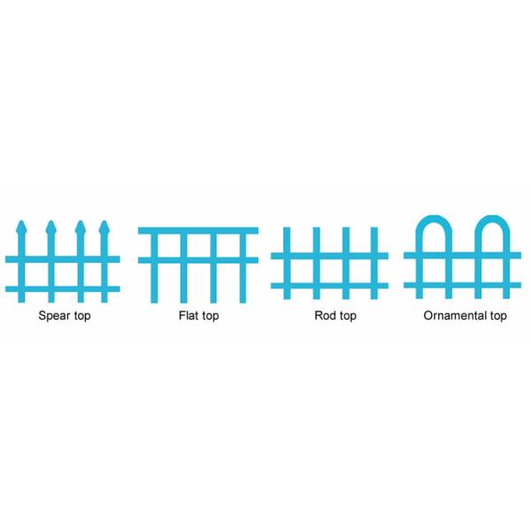 Four types of fence tops listing in a line available for component steel fence panels.