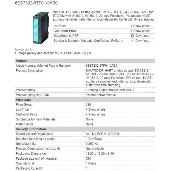 6ES7332-8TF01-0AB0 6ES7 332-8TF01-0AB0 Siemens Analog Output Module