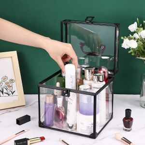Portable Cosmetics & Toiletry Organizer Box, Clear Train Case Latches & Handle