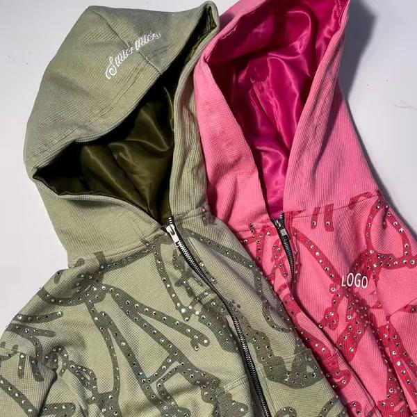 Streetwear Waffle Stain Lining Zip up Hoodie Custom Manufacturer Boxy Crop Oversized Fit French Terry Rhinestone Hoodies for Men