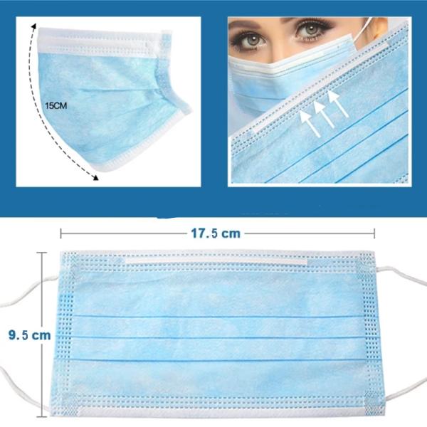 Blue Earloop Pleated Disposable Protective Mask Non Woven Adjustable Nose Piece