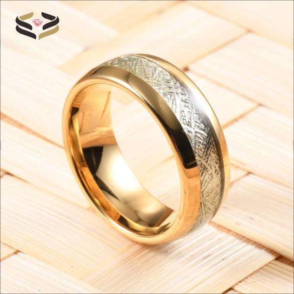 8mm Gold Tungsten Carbide Ring with Meteorite Inlay Sophisticated Addition to Religious Wedding Bands