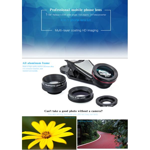 4 in 1 Mobile Phone Camera Lens Macro 0.63x Wide Angle Kit With Clip