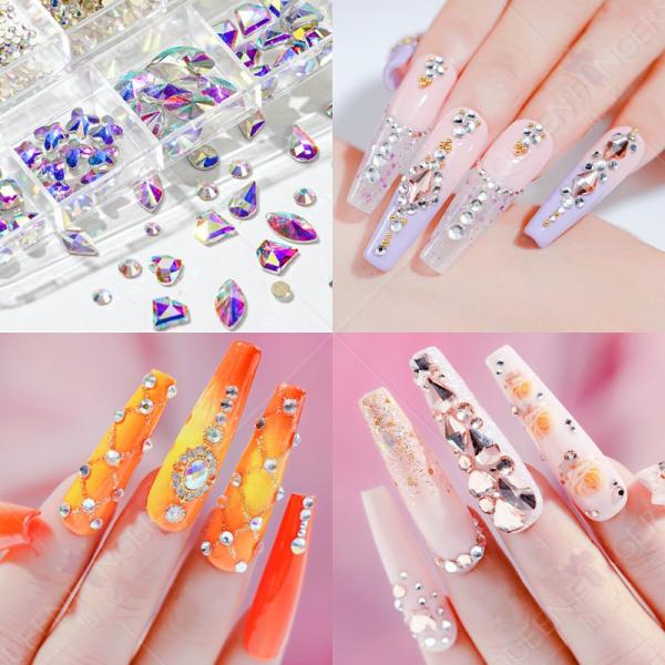 Nail Art Glass Stone strass 12 Grid/box Multi Shapes Mixed Sizes Flat Back Round nail charms in bulk Rhinestones