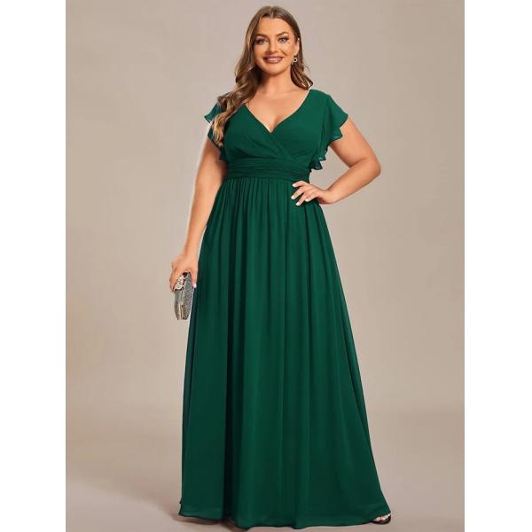 Empire Plus Size V-neck Open Back Ruffled A-line Cap Sleeves Dark Green Chiffon Bridesmaid Dress