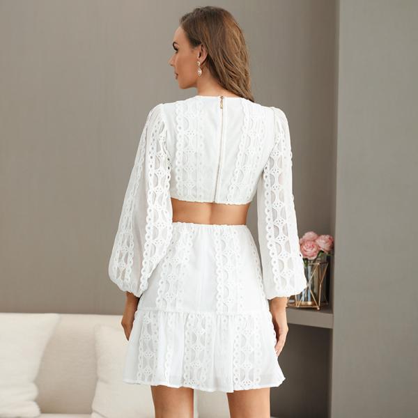 Long Sleeve V Neck Solid Lace Mini Dress OEM Service A Line For Women
