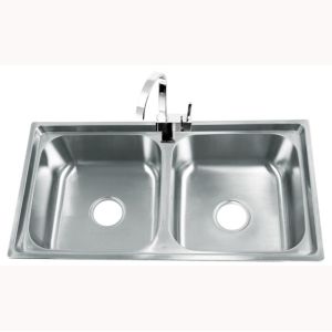 China 50/50 Split Basin Double Bowl SS Kitchen Sink With Faucet Electroplated on sale