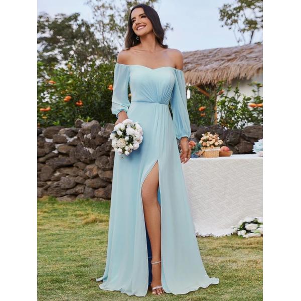 Plus Size Ruffled Long Sleeve High Slit Off-shoulder High Slit Purple Orchid Chiffon Cocktail Dress