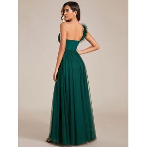 Exquisite One-shoulder Sweetheart Ruffled A-line Zipper Pleated High Slit Dark