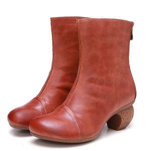 China S041 retro leather thick heel short boots women's boots mid-heel women boots fluffy top layer cowhide Martin boots on sale