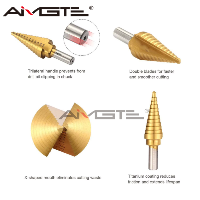 5PCS HSS Titanium Coated Step Drill Bits High-Speed Steel Drilling Set Automatic