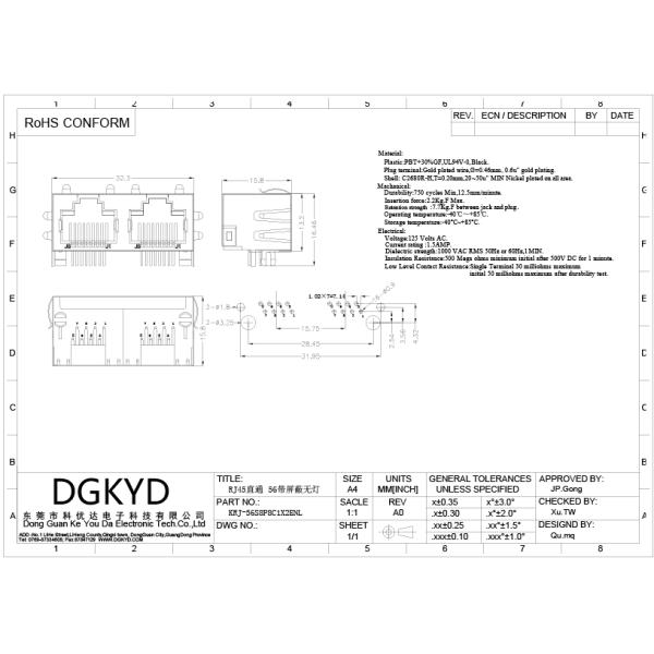 KRJ - 56S8P8C1X2ENL Metal Shielded 2 Port Rj45 Female Jack No LEDS Tab Up