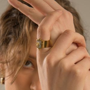 Opening Adjustable Gold Plated Band Rings Geometric Natural Turquoise Gemstone