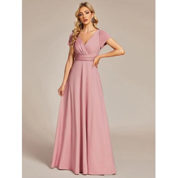 Sexy Custom Size V-neck Simple Pleated Empire Waist A-line Short Sleeve Navy Blue Satin Party Dress