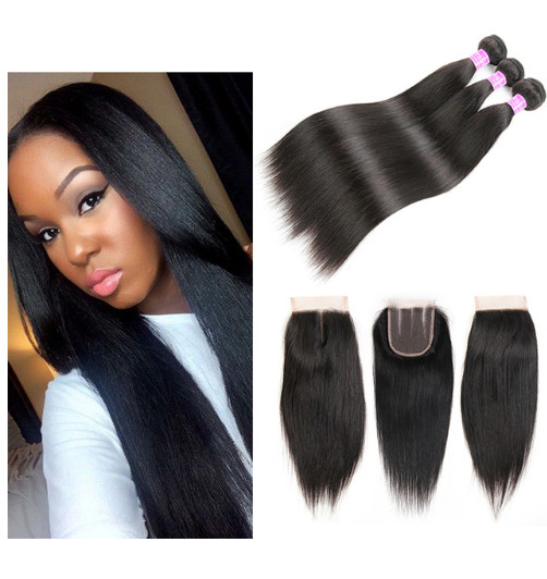 Buy Straight Natural Color 100 Virgin Brazilian Human Hair Bundles With Closure 4 X 4 at wholesale prices