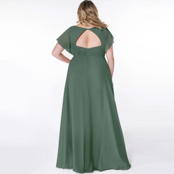 Customized Plus Size Elegant Pleated Chiffon Long Bridesmaid Dress A-Line Short Sleeves V-Neck Keyhole Back