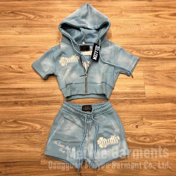 Custom Cropped Top Acid Washed Vintage Zip up French Terry Zip up Hoodie Women Ladies Jogging Suit Hoodie and Shorts Set