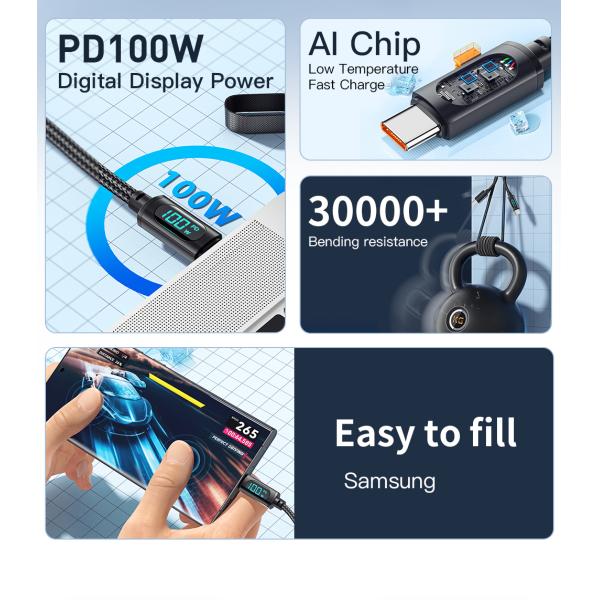 Essager LED Digital Display Customised 1M 2M Cable OEM/ODM 27W 100W Fast Charging USB Cable For Mobile Phone