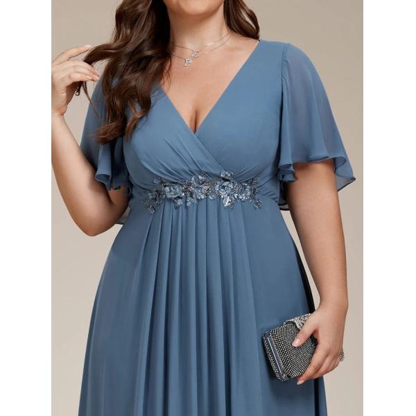 Empire Plus Size Applique Short Sleeve A-line V-neck Flutter Sleeves Invisible Zipper Dusty Navy Chiffon Bridesmaid Dres