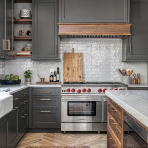 Lacquer Dark Grey Shaker Kitchen Cabinets With White Countertops