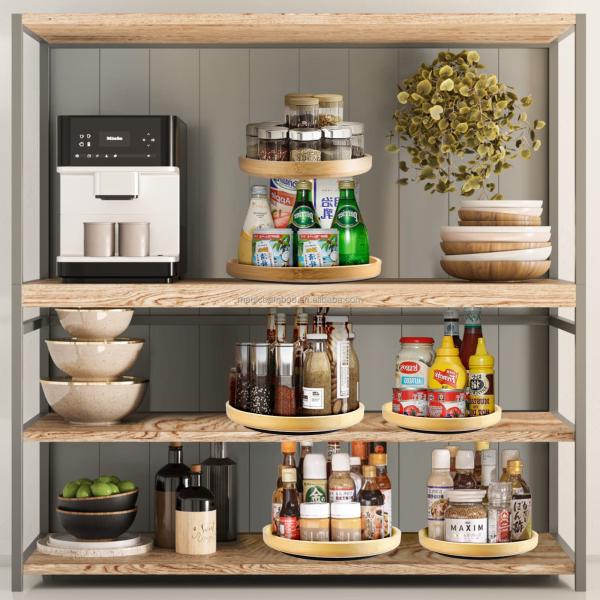 Standing Type 2 Tier Natural Bamboo Lazy Susan Turntable Organizer for Modern Kitchen