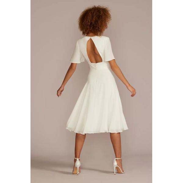 Timeless Zipper Flutter Short Sleeve Empire V-neck Open Keyhole Back A-line White Chiffon Midi-length Wedding Dress