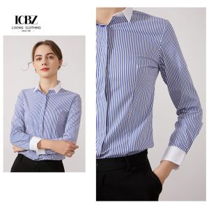 Work Office Formal Navy 100% Cotton Strip Button Down Shirts Custom Contrast