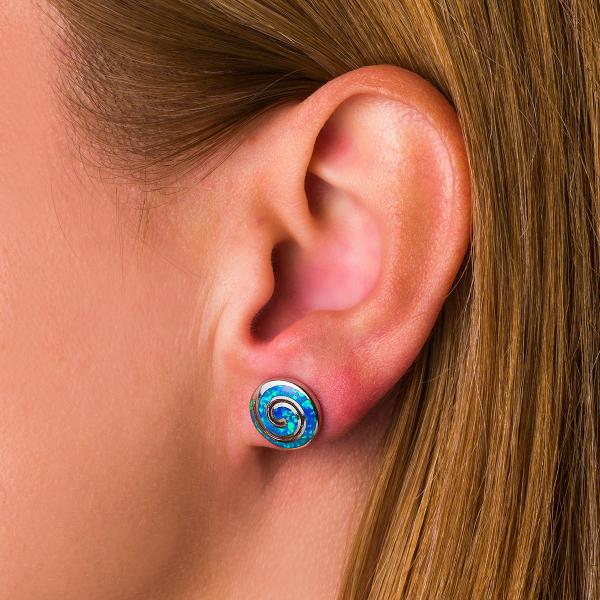 925 With Sterling Silver Vintage Greek Key Blue Meander Opal Spiral Stud Earrings For Women