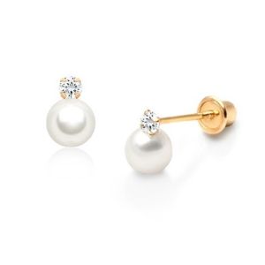 Kids Jewelry Pearl Drop Earrings with Screw Back and White CZ in 925 Sterling