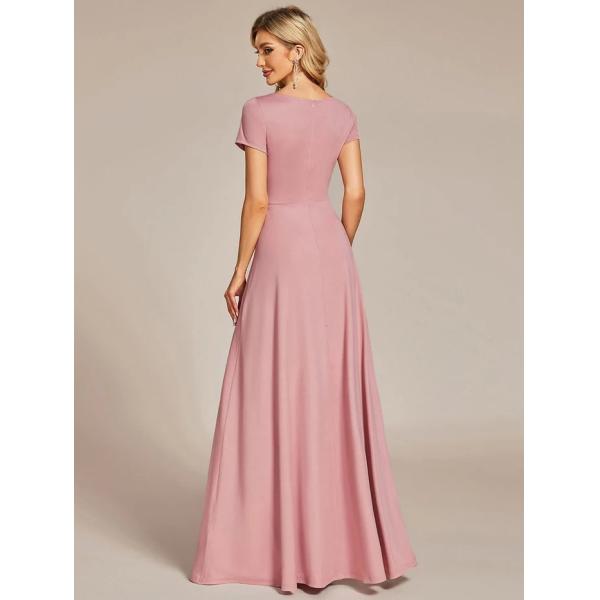 Sexy Custom Size V-neck Simple Pleated Empire Waist A-line Short Sleeve Dusty Rose Satin Evening Dress