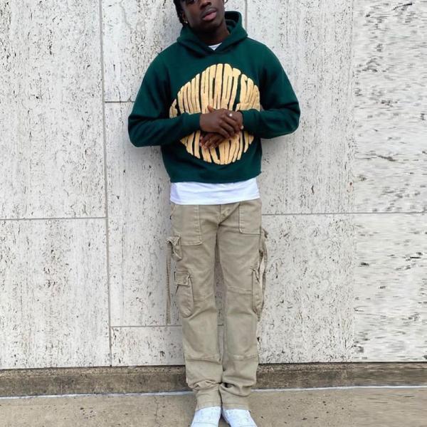 Heavyweight 420gsm Black Puff Print Hoodie No Pocket Mens Hip Hop Hoodies