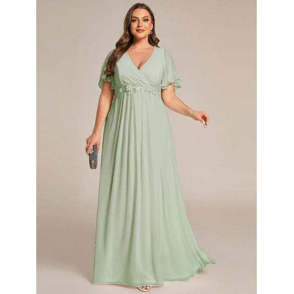 Empire Plus Size Applique Short Sleeve A-line V-neck Flutter Sleeves Invisible Zipper Dusty Navy Chiffon Bridesmaid Dres